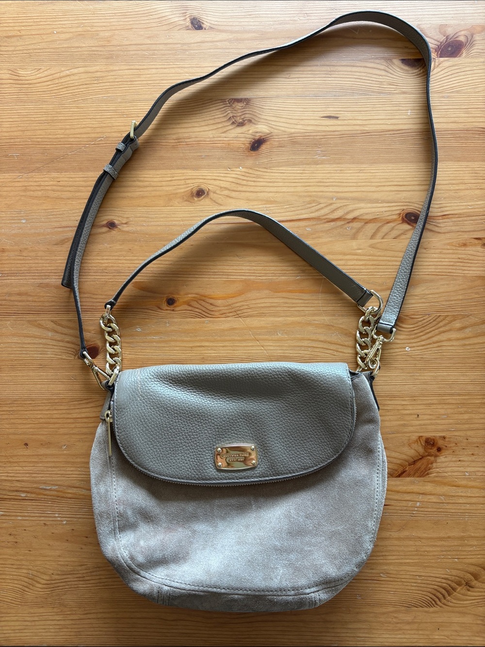 Michael Kors Gray Suede & Leather Crossbody with Gold Plate